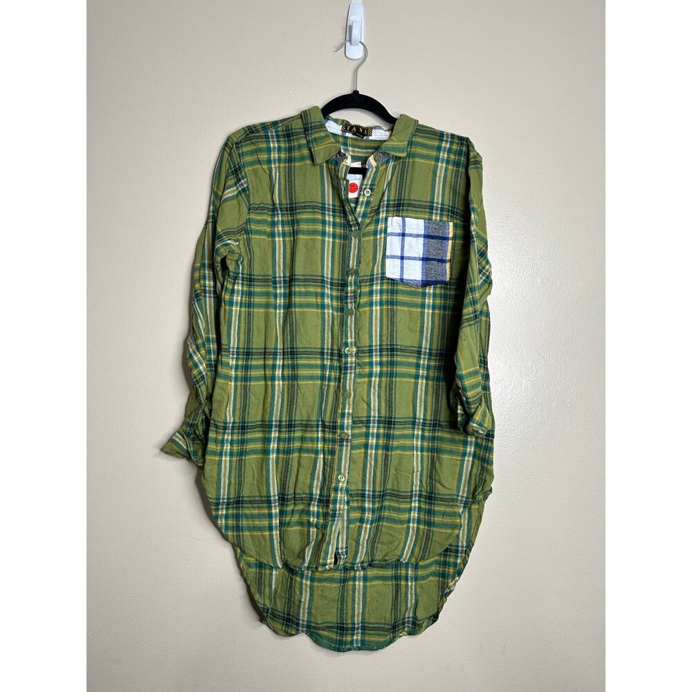 NWT Women’s Large Taxi Plaid Button Up Long Shirt Dress Green Yellow